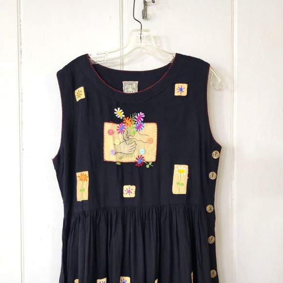 Hand Block Art To Wear Printed and Embroidered Rayon Dress Vintage 1990s - Picture 2 of 7